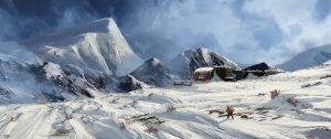 Razor Edge Games Epocylipse The AfterFall concept art winter snow arctic outpost scene mountains cloudy