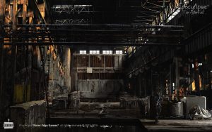 Razor Edge Games Epocylipse The AfterFall concept art warehouse ruins exposed metal rafters dark sunlight peeking in
