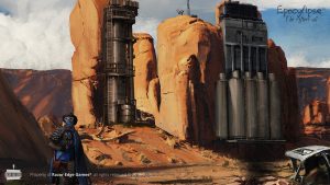 Razor Edge Games Epocylipse The AfterFall Desert factory ruins concept art rock landscape scenery blue scarf tire armor