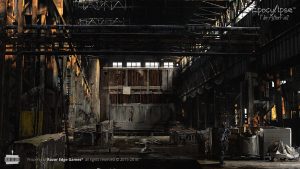 Razor Edge Games Epocylipse The AfterFall concept art warehouse ruins exposed metal rafters dark sunlight peeking in