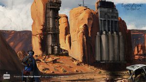 Razor Edge Games Epocylipse The AfterFall Desert factory ruins concept art rock landscape scenery blue scarf tire armor